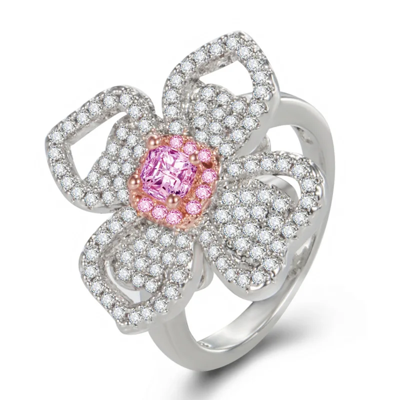 

Cute Female Pink Crystal Stone Ring Charm Silver Color Thin Wedding Rings For Women Dainty Bride Flower Zircon Engagement Ring