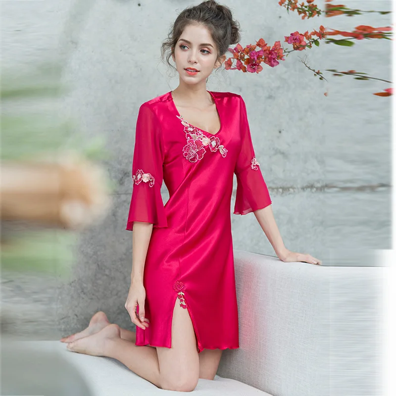 

Sleeping Dress Sexy Women Lace Embroidered Split Ice Silk Silk Middle Sleeve Nightdress Sexy Sleepwear Women Sleep Tops