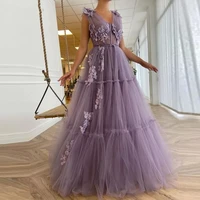 fashion a line tulle evening dress purple 2022 lace appliques sexy v neck prom dress sleeveless backless formal robes de soir%c3%a9e