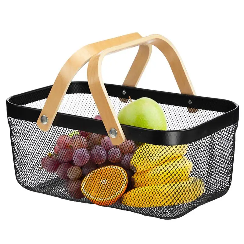 

Metal Mesh Steel Basket Mesh Wire Food Storage Organizer With Wooden Handle 15.74x9.84x6.7inch Rectangle Vegetable Basket Fruit