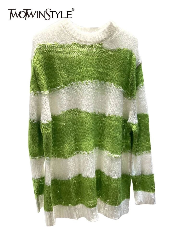

TWOTWINSTYLE Striped Colorblock Sweater For Women Round Neck Long Sleeve Knitting Casual Pullover Female Clothing Style New 2022