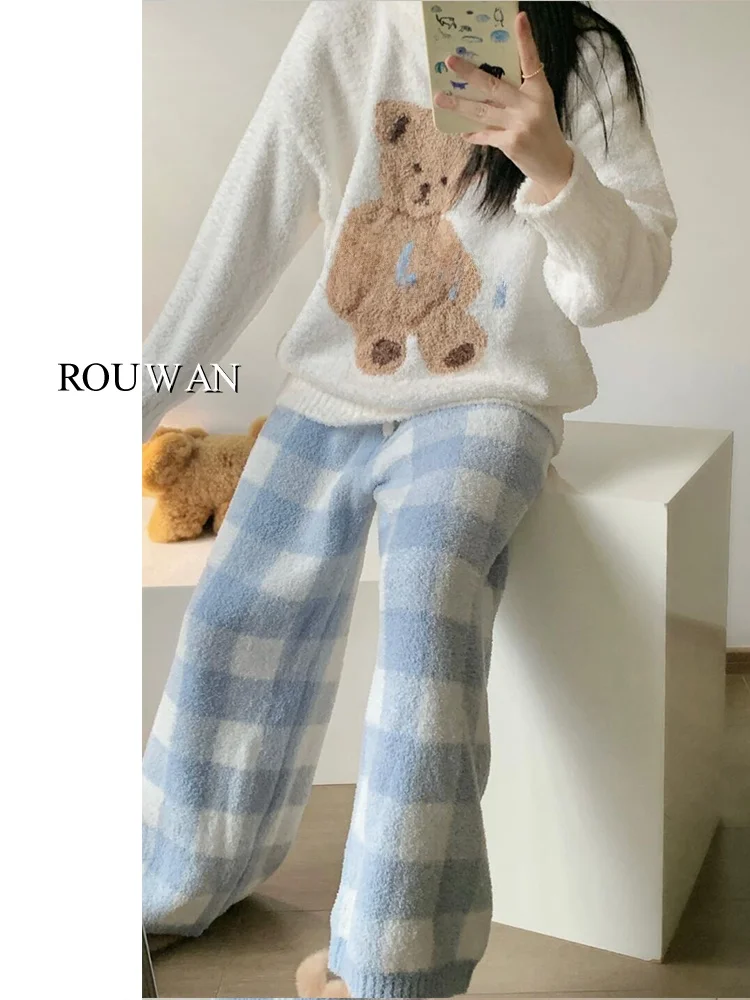 Корейская полубархатная пижама с милым медведем осенне-зимний вязаный