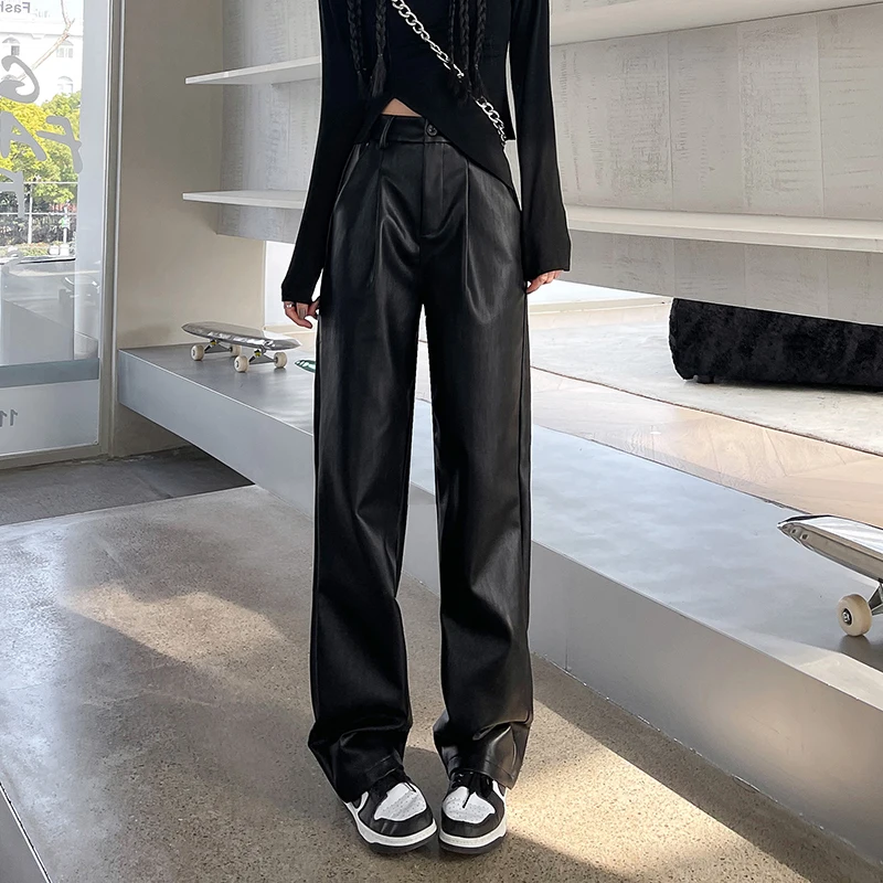 

Осенне-зимние черные женские брюки из искусственной кожи с высокой талией, корейские модные длинные брюки, прямые женские брюки