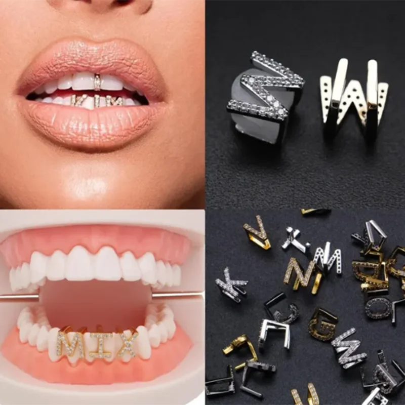 

Iced Out Teeth A-Z Initials Grills ABC Letters Grills Hip Hop Jewelry Alphabet Tooth Gem Cap Gold Grillz Fang Grillz Gift for He