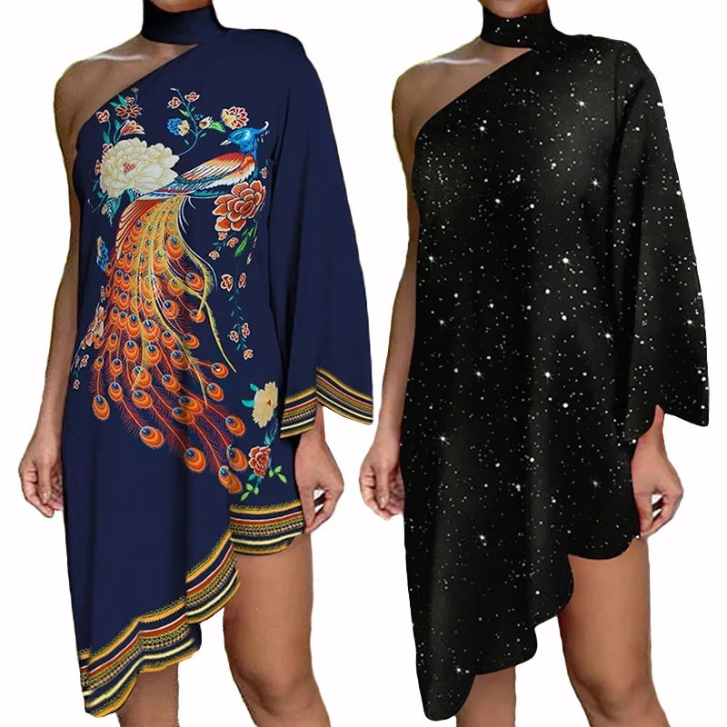 

Europe and America Style One Shoulder Loose Knee Length Dresses Autumn Print Ruffle Boho Long Sleeve Short Dress For Women Hot
