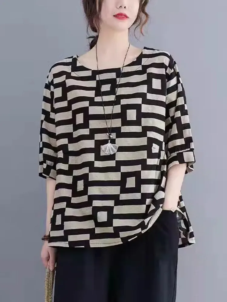 Cotton and Linen Fashion Women clothes Casual Short sleeve T-shirt 2024 Summer New Chubby Girl Belly Covering Slimming Loose ...