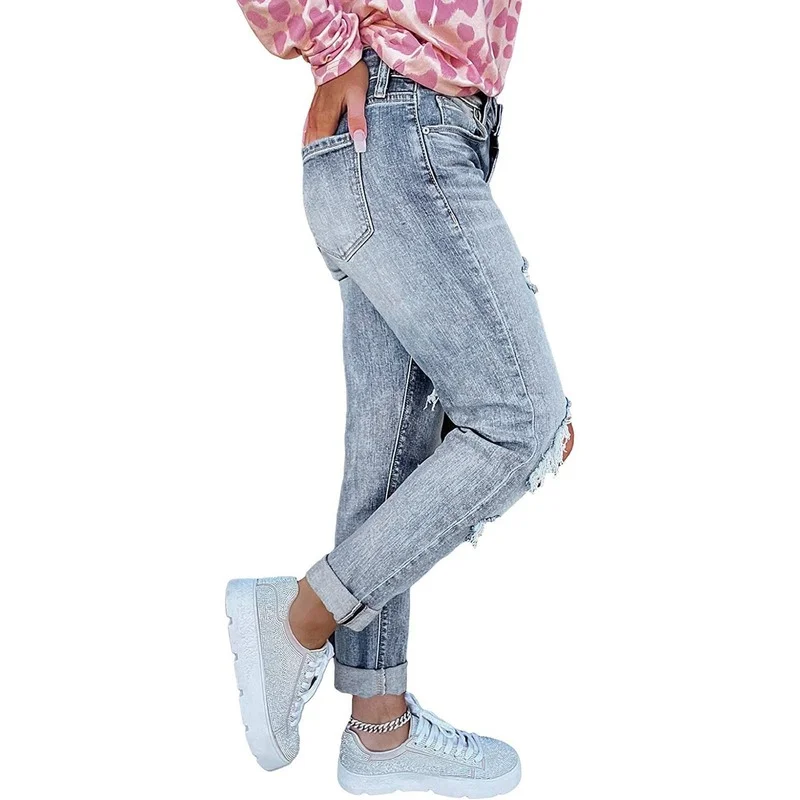 2021 Fashion Ripped Boyfriend Mid Waist Skinny Classic Jeans Women's Vintage Plus Size Distressed Stretch Denim Pants Streetwear
