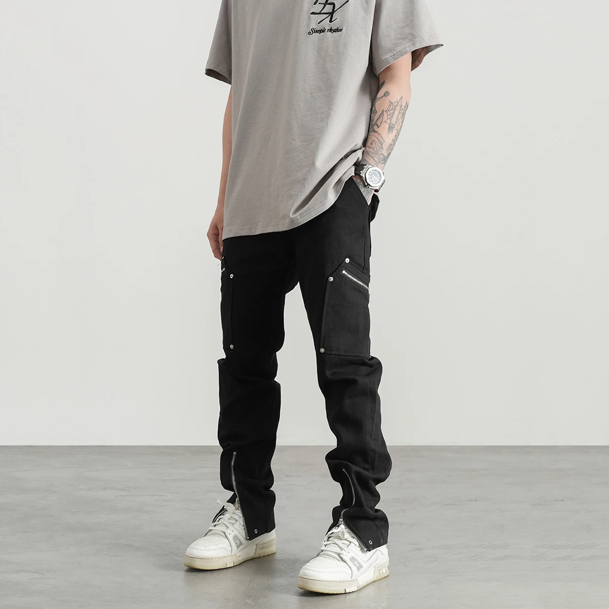 Men Jeans High Street Pocket Zipper Tooling Jeans Men's Hip-hop Casual Black Slim Pants Ins Hot Sale Boyfriend Jeans Full Length