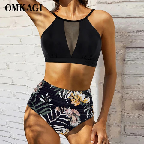 OMKAGI High Waist Bikini Women Swimwear High Neck Push Up Swimsuit Swimming Bathing Suit Print Women Bikinis 2023 Free Shipping