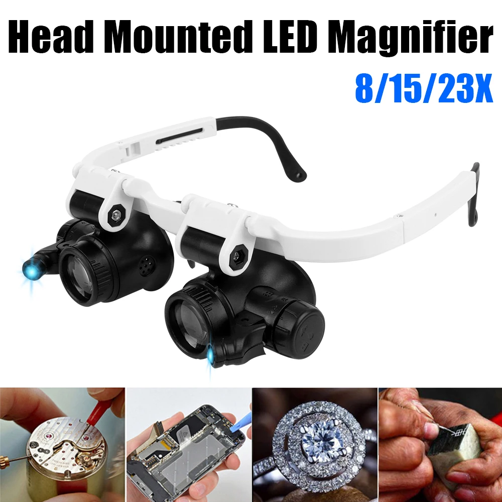 

LED Lights Glasses Magnifier For Electronics Watch Repair Dual-Lens Eye Loupe Magnifier Head Mount Magnifying Glass 8x 15x 23x