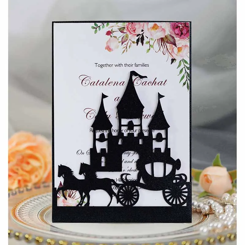 50pcs Laser Hollow Invitations Card Castle Carriage Universal Customize Thank You Cards for Business Birthday Party Decoration