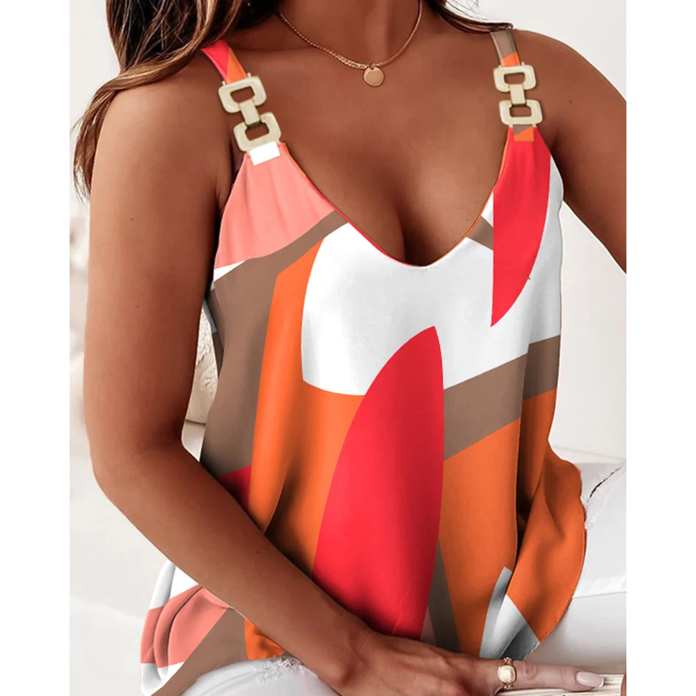 

2022 New Summer Women Colorblock Chain Strap V-Neck Top Women Casual Sleeveless Ladies T-Shirts Daily Wear Blouse