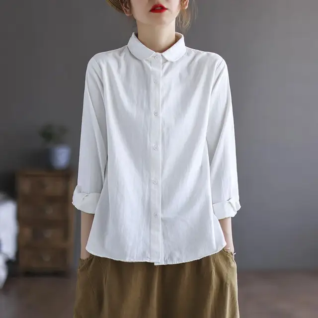 Elegante blusas femininas moda 2022 verão casual algodão branco camisa botão de manga longa superior feminino sólido chique roupas do vintage 1