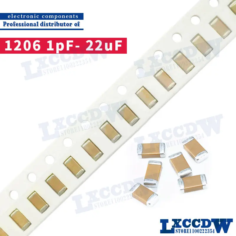 

100 шт., многослойный керамический конденсатор 1206 50 в SMD с толстой пленкой, 1pF- 22uF 10NF 100NF 1UF 2,2 UF 4,7 UF 10UF 22PF