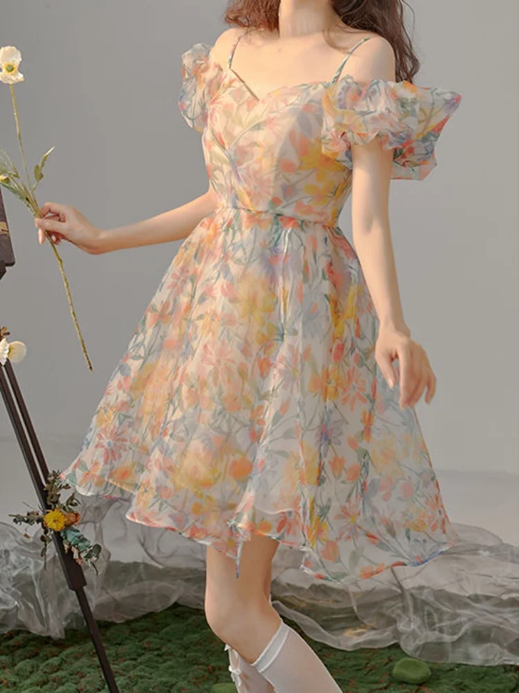 

Цельнокроеное платье с пышными рукавами, Стильное повседневное сказочное элегантное платье с цветочным рисунком, красивое пляжное платье ...