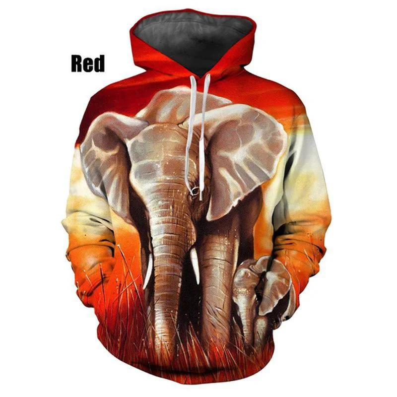 Men and Women Fashion Animal Elephant Print 3D Hoodie Hip Hop Sweatshirt