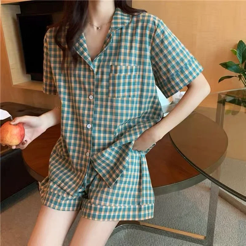Korean Sleepwear Set Summer Short Sleeve Lapel Women Pajamas Japanese Plaid Print Homewear Plus Size 2Piece Pyjama Home Clothes