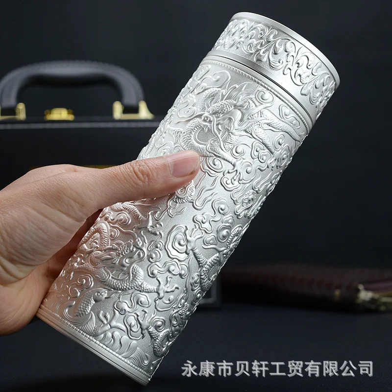 

New high-end business Sterling Silver 999 liner thermos cup Jiulong Baifu gift tea cup
