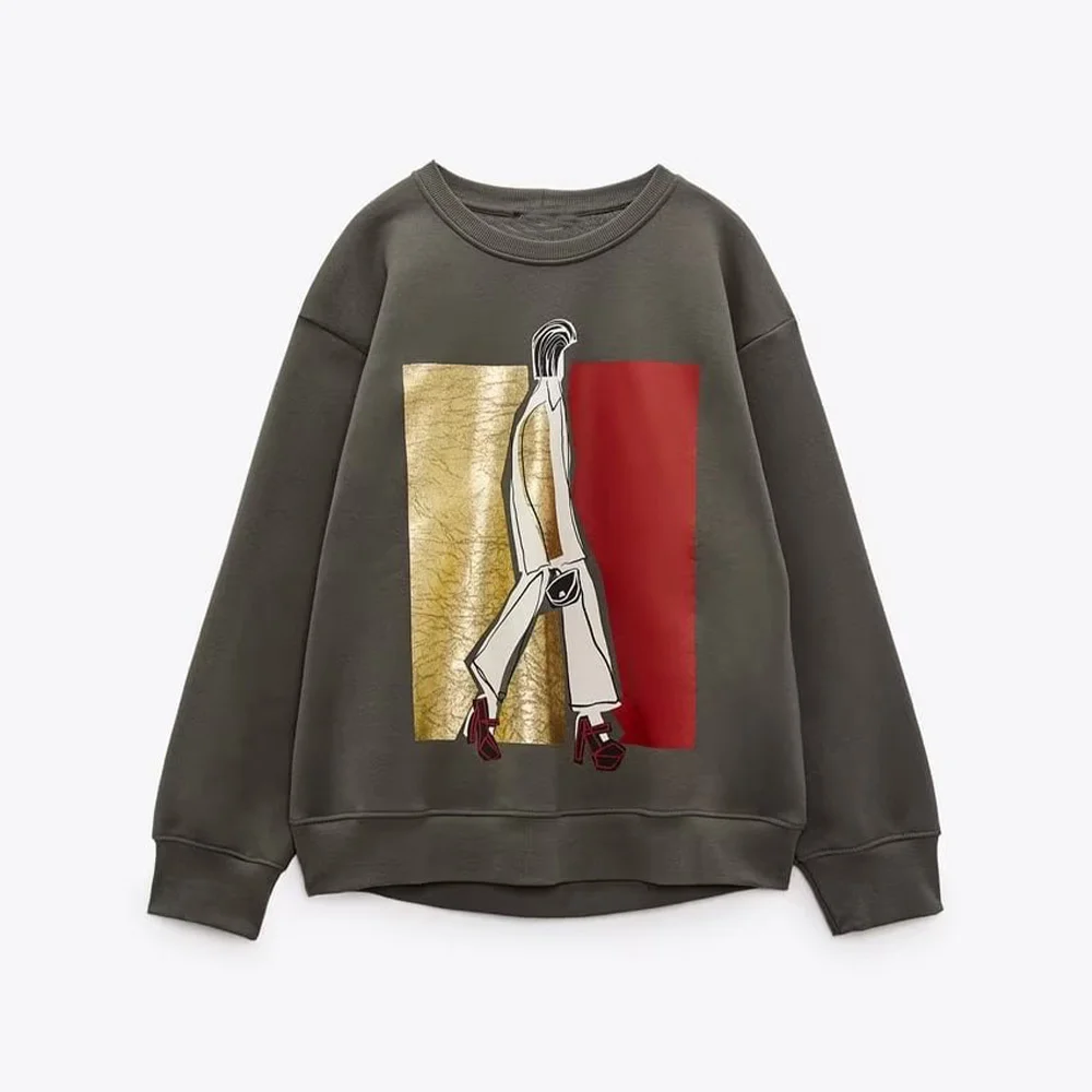 

Women's Fashion 2022 Autumn Round Neck Pullover Loose Fleece Warm Girls Abstract Art Printed Long Sleeve Sweatshirt Basic Tops