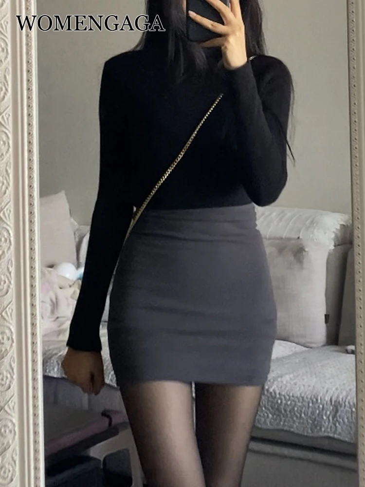 

WOMENGAGA Short Skirt Women Elastic Tight Pencil Skirts Slim Sexy Hot Girl High Waist Basics Skirt Fashion Korean Women 3PCV