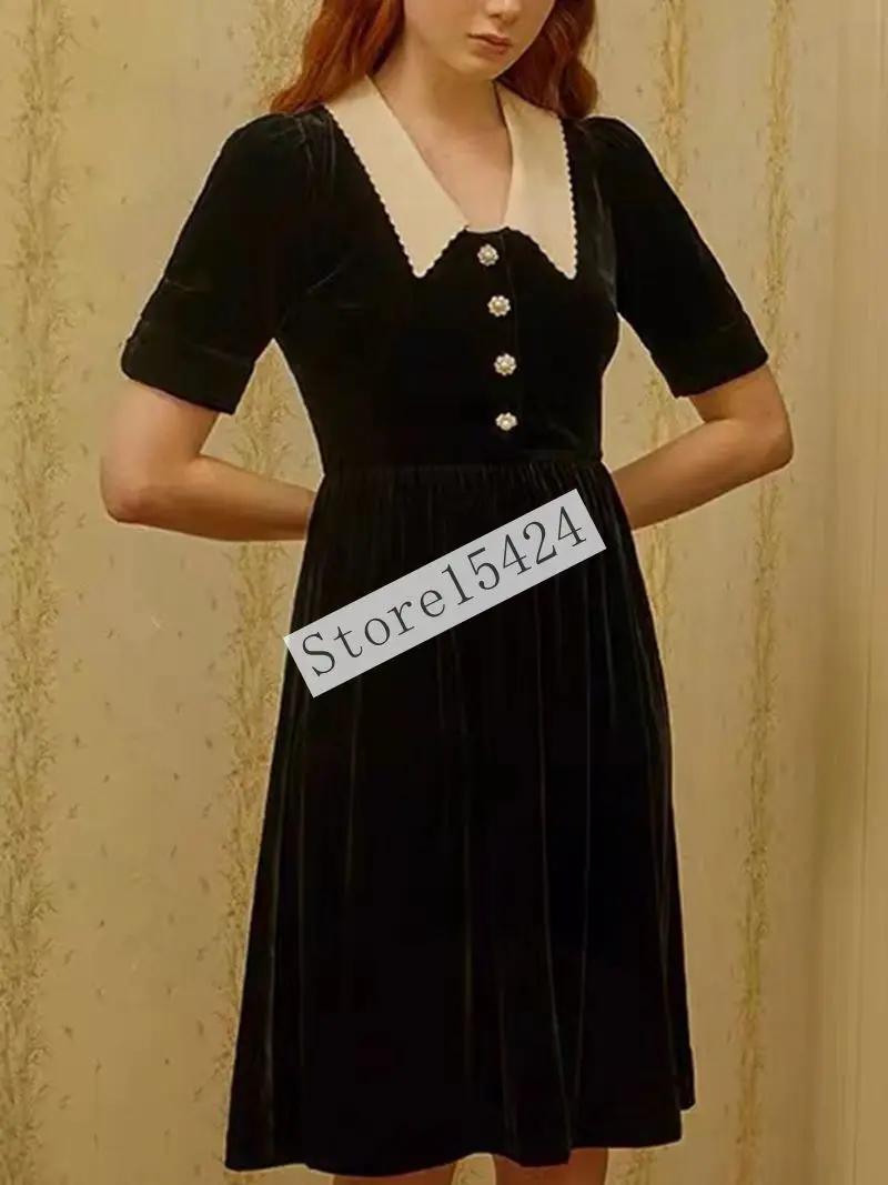 

Dress 2022 autumn new silk velvet slim fit age-reducing elegant ladies black short-sleeved dress