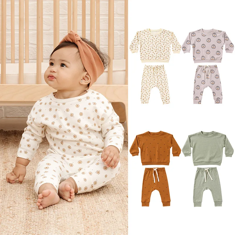 

2022 Infant Autumn New Sweatshirt Sets Boy Girl Baby Cotton Printed Sweater Pants Two-piece Set