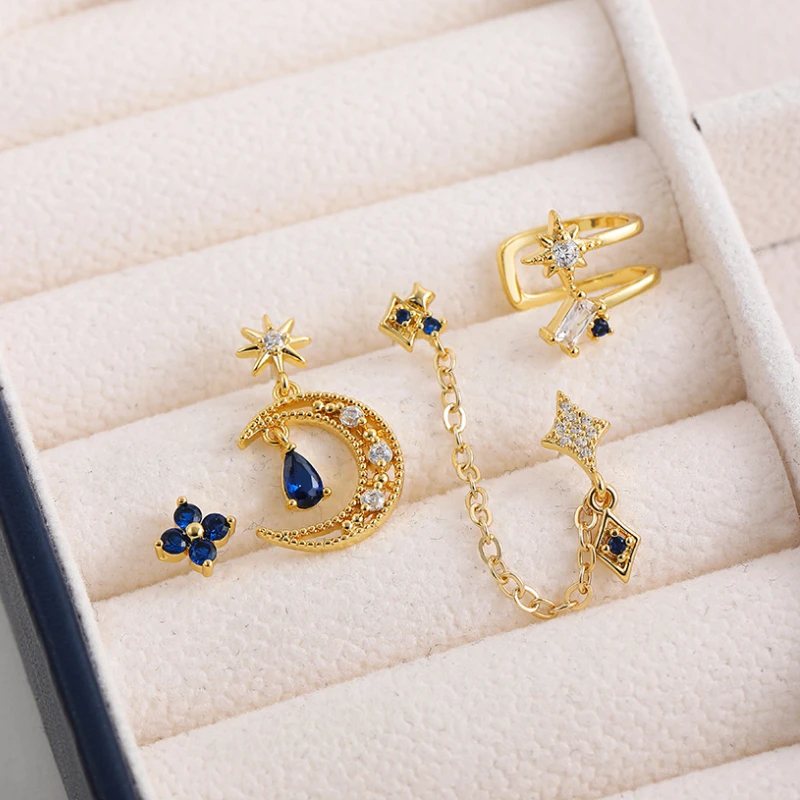 

Fashion Geometric Star Moon Stud Earrings Set Women's CZ Zircon Link Chain Cartilage Piercing Earring Brincos Jewelry
