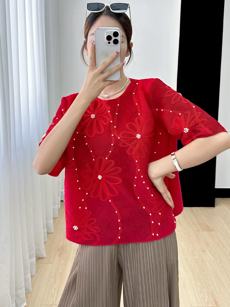 

Женская футболка с коротким рукавом, Новинка лета 2023, свободный плиссированный топ с круглым вырезом и бусинами, элегантный облегающий топ с плотным покрытием