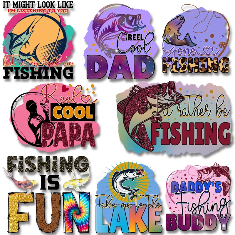 Fishing Lover Dad Stickers for Clothes Iron on transfers Thermal transfer Printings for T-shirts Hoodies