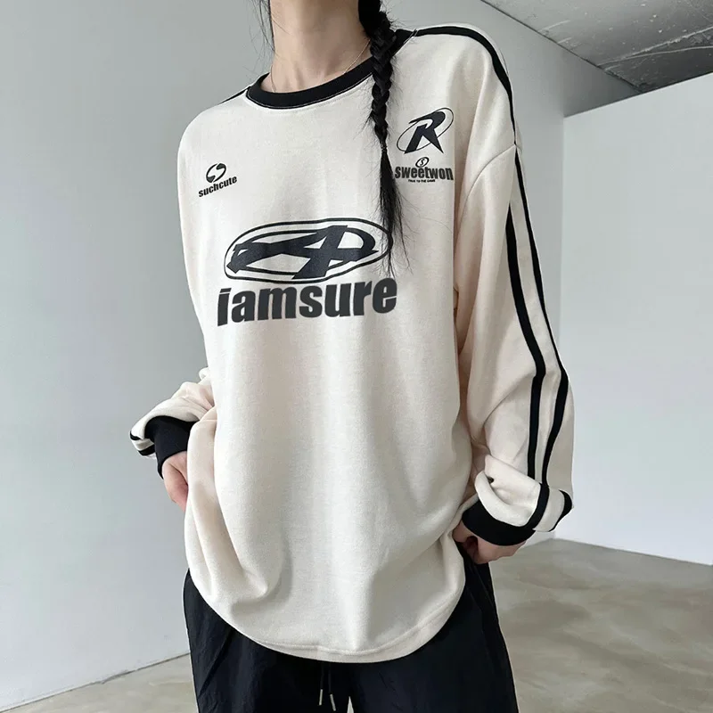 

White vintage Contrast Color round Neck Hoodie Women Autumn 2023 New Casual Loose Mid-Length Sports Letters Top