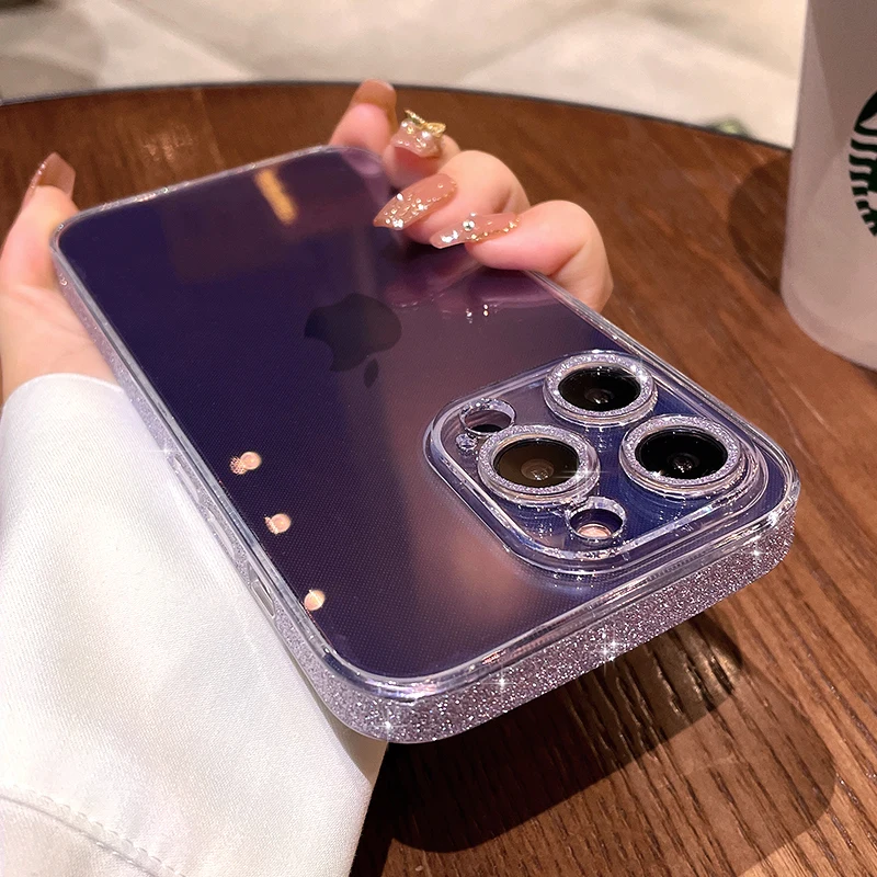 

Luxury Glitter Powder Ultra Thin Glass Clear Hard Case For iPhone 14 13 11 12 Pro Max 14 Plus Shockproof Lens Protector Cover