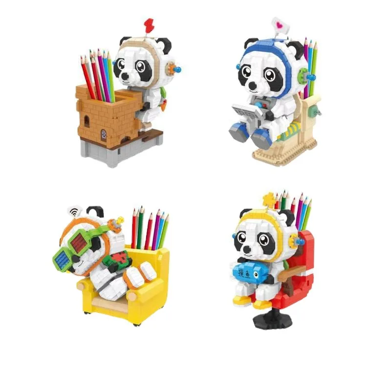

Creative And Fun Cartoon Panda Astronaut Pen Container with Light Office Desk Decorations Building Blocks Bricks Toys Gifts