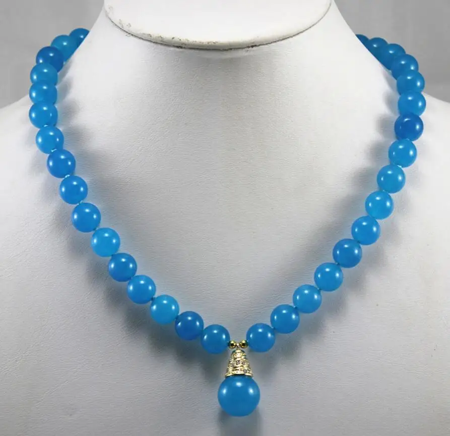 

simple design 8mm blue Jade necklace match 14mm pendant necklace