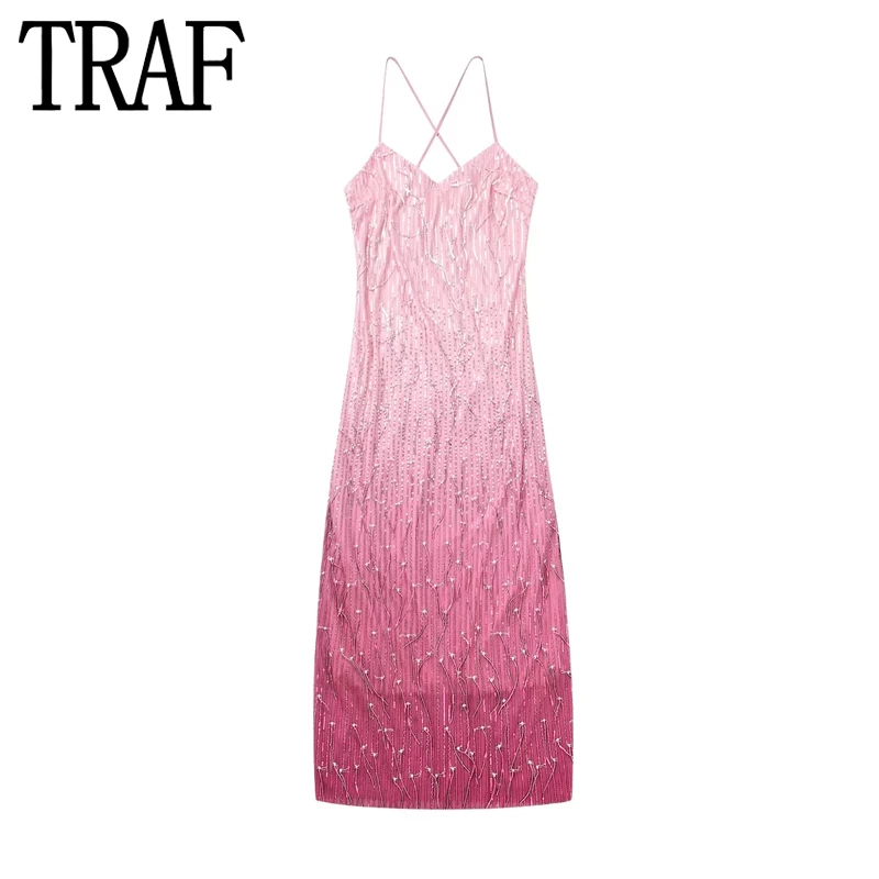 

TRAF Pink Sequin Slip Dress Woman Backless Long Dress Women Summer Midi Sexy Party Dresses Luxury Evening Dresses For Women 2023