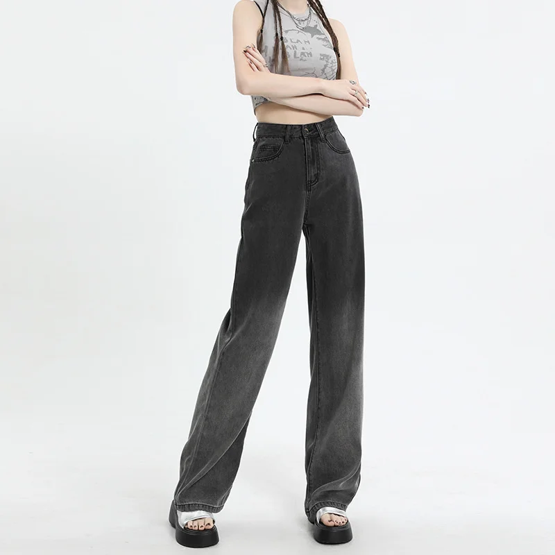 

Синие градиентные прямые джинсы с высокой талией для женщин, черные свободные облегающие широкие брюки, гладкие Немнущиеся джинсы