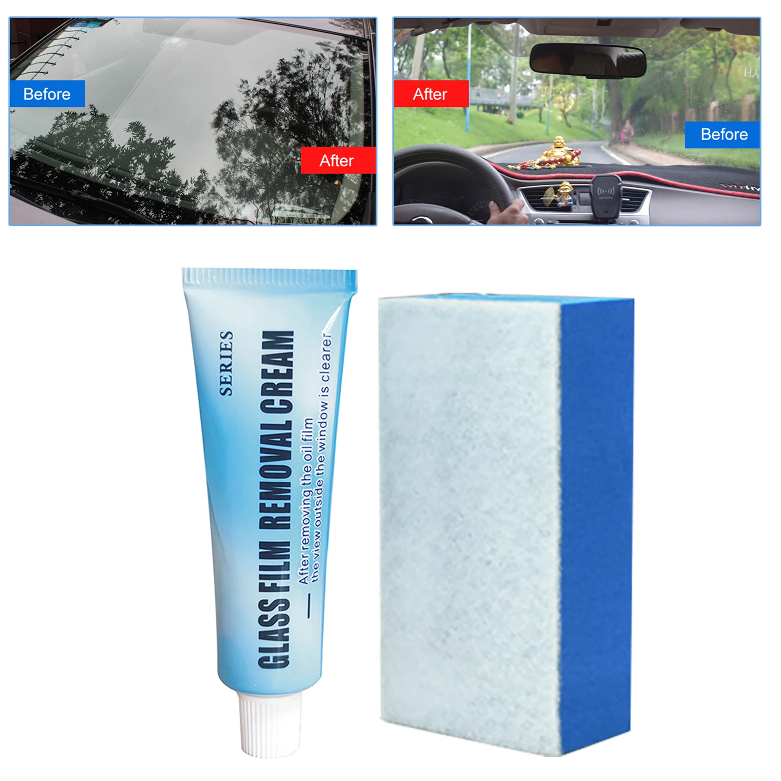 

20g Car Glass Film Removal Cream Strong Decontamination Windshield Stain Remover with Sponge Mirror Cleaner for Auto Maintenance