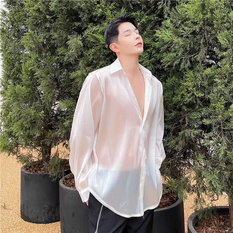 Mattswag 2022 Mens Shiny Luxury Translucent Pool Shirts New Fashion Long Sleeve Party Shirts Casual Loose Shirts Camisa Hombre