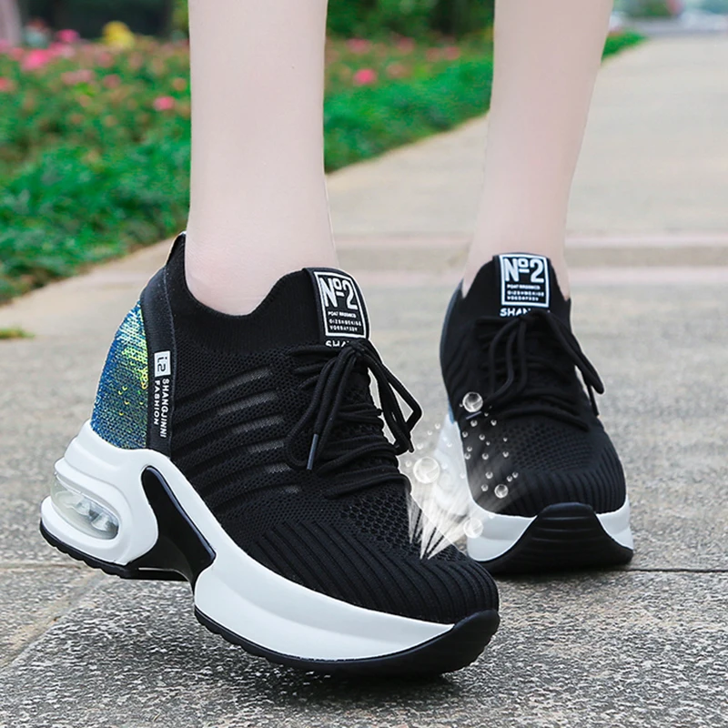 

Lucyever Breathable Mesh Platform Sneakers Women Fashion Sequins Air Cushion Running Shoes Woman Lace Up Height Increase Shoes
