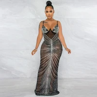 foreign trade models hot selling social party mesh hot drill deep v sexy tight evening dress womens dress