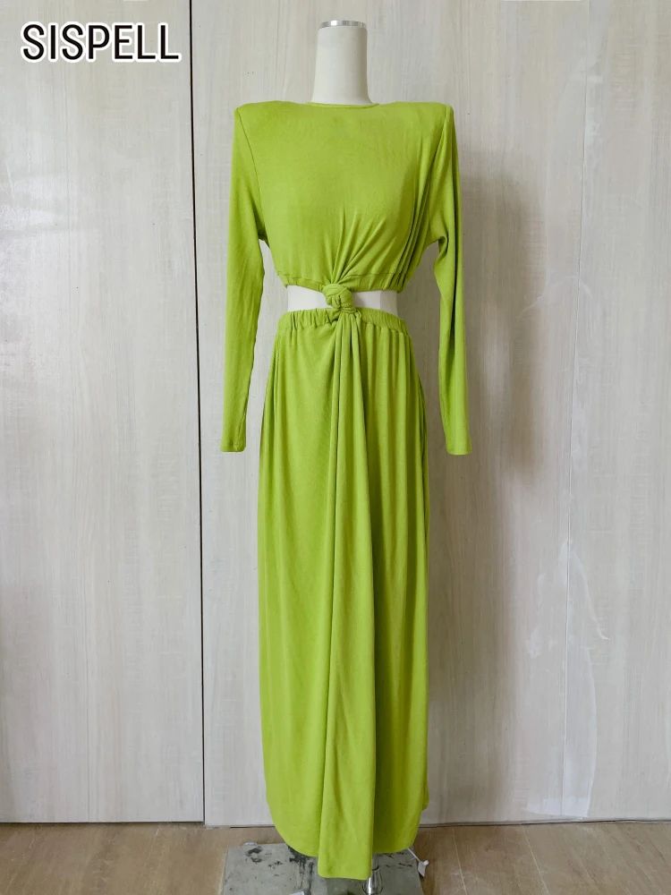 

SISPELL Plain Dress For Women O Neck Long Sleeve High Waist Patchwork Cut Out Long Dresses Female 2022 Spring Clothing Fashion