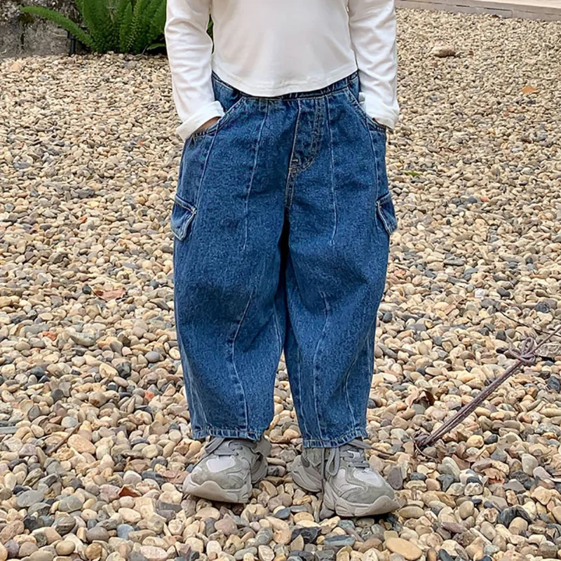 

Kids pants Autumn solid color loose cargo pants Girls Boys all-match casual jeans