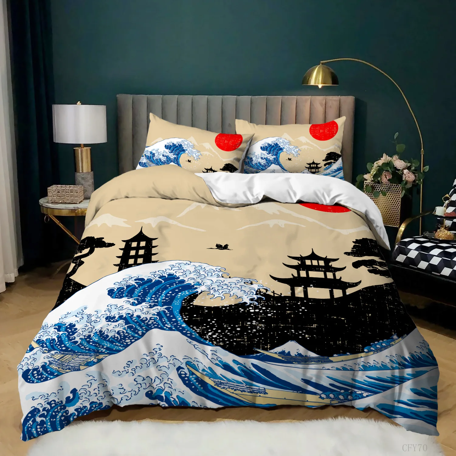 Комплект постельного белья из мягкого пододеяльника в японском стиле Ukiyoe Mount Fuji