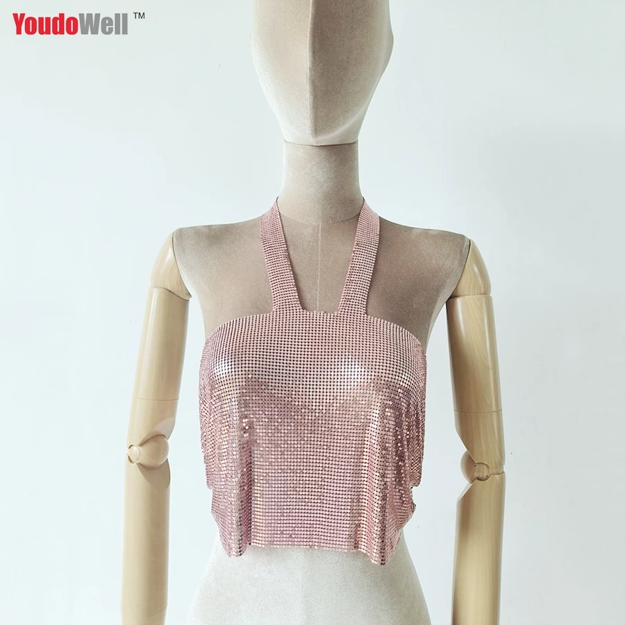 

Women Beach Halter Corset Tops Sexy Metal Metallic Crop Top Glitter Backless Nightclub Party Club Hanging Neck Clothes