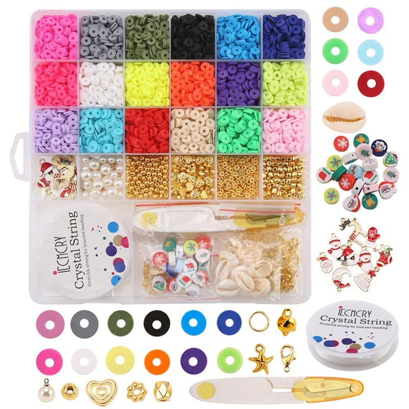 

Flat Round Polymer Clay Beads, Spacer Heishi Beads With Pendant Charms Kit And Elastic Strings For Jewelry Making Kit