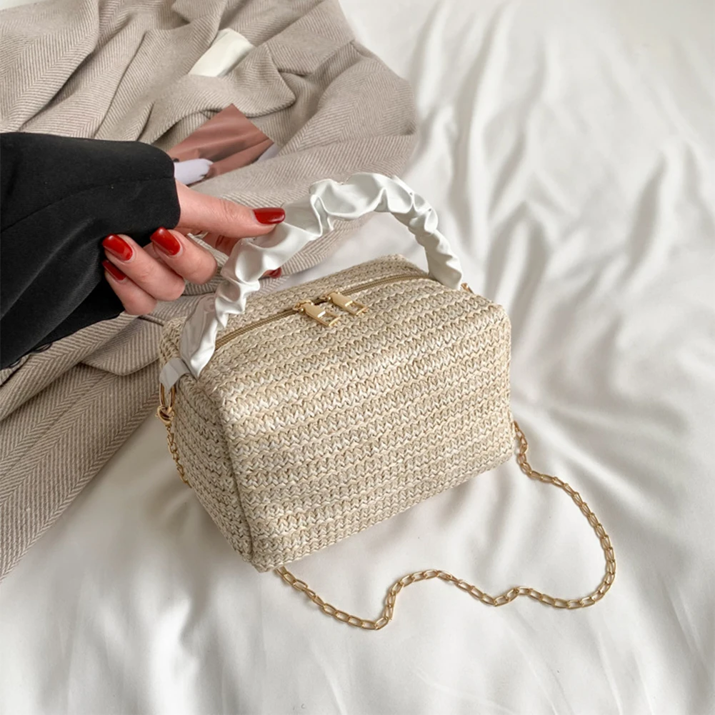 

Соломенная Льняная сумка-мессенджер для девочек, летняя плетеная Женская сумочка через плечо, модная простая вместительная сумка ручной работы с цепочкой