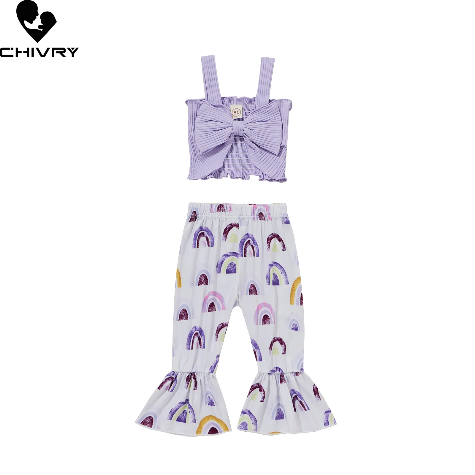 

Комплекты одежды из двух предметов для девочек, летние женские расклешенные брюки без рукавов с цветочным радужным принтом, 2022