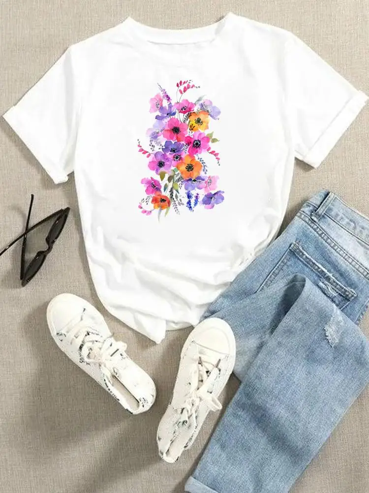 

Women Ladies Summer Tees Short Sleeve Tops Female Flower Lovely Cute 90s Floral Fashion Cartoon Tshirts Clothes Graphic T-Shirt