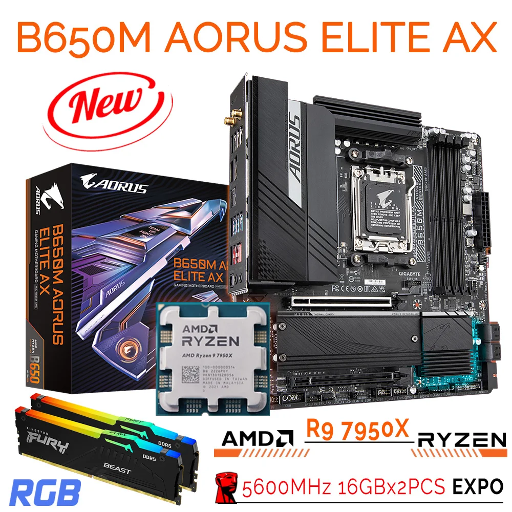 

Ryzen 7000 Series R9 7950X процессор AM5 Gigabyte B650M AORUS ELITE AX AMD B650 материнская плата Combo Ryzen Kit + Kingston DDR5 5600 МГц ОЗУ