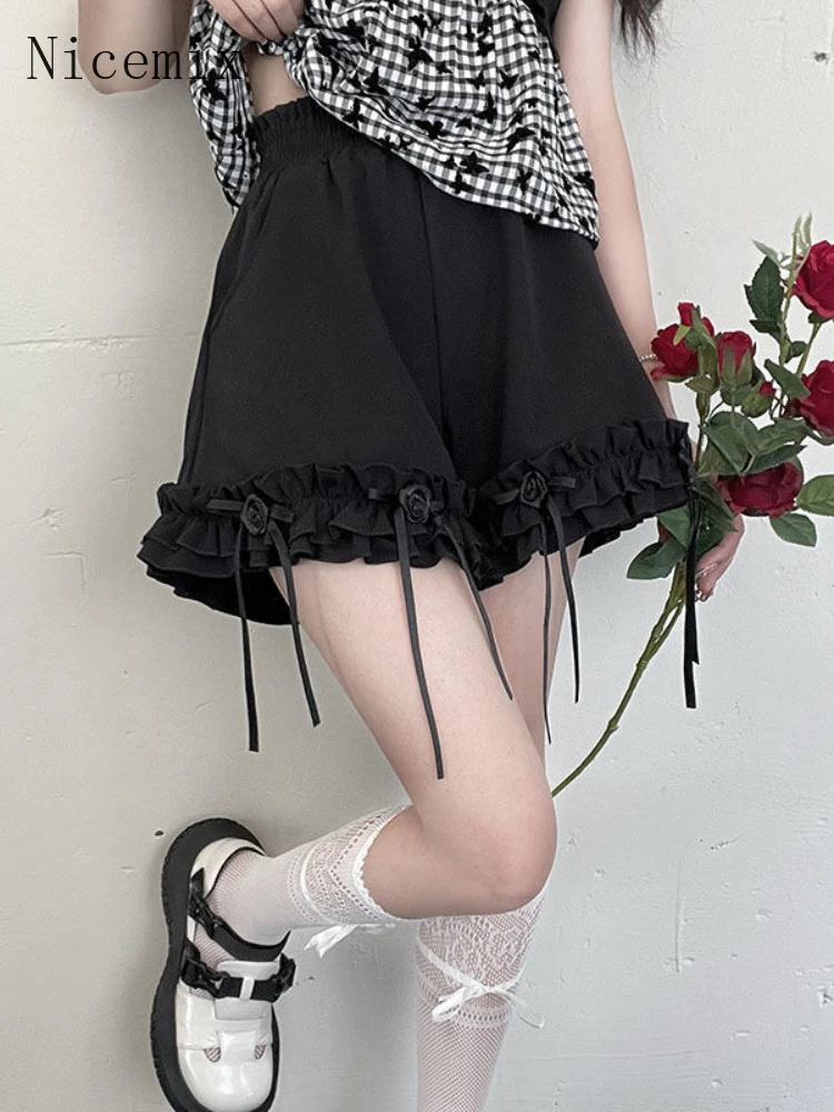 

Nicemix Black Ruffled Shorts Women's 2022 New Summer Japanese Sweet High Waist Half Pants Girly Loose Casual Kawaii Hot Pants