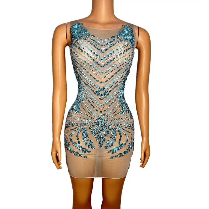 

Sparkly Crystal Rhinestones Transparent Mesh Sleeveless Skinny Short Dress Evening Party Bar Sexy Stage Wear Singer Show Costume